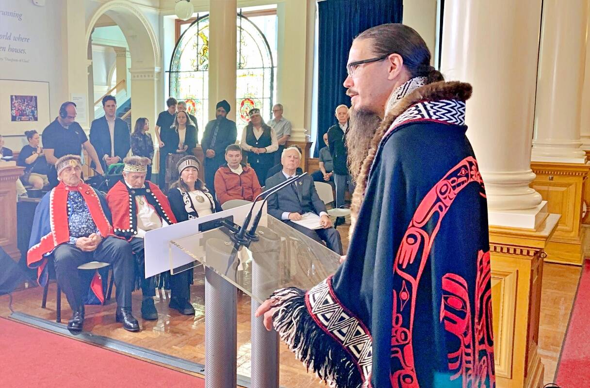 Gaagwiis Jason Alsop president of the Haida Nation addresses the Legislative Assembly on May 9 to witness the passing of the Haida Nation Recognition Act and explaining it’s significance to the people. (Photo: Wolfgang Depner/Black Press Media)