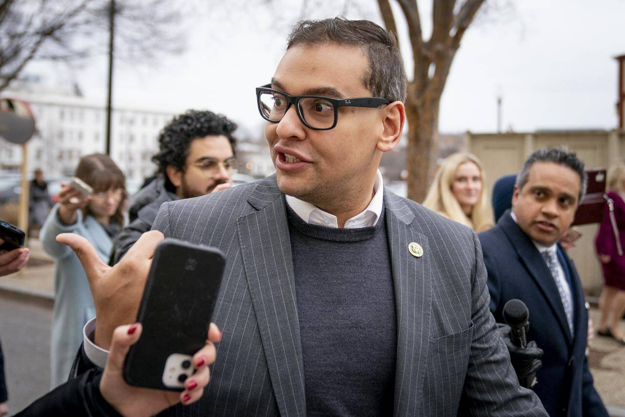 FILE - Rep. George Santos, R-N.Y., leaves a House GOP conference meeting on Capitol Hill in Washington, Jan. 25, 2023. (AP Photo/Andrew Harnik, File)