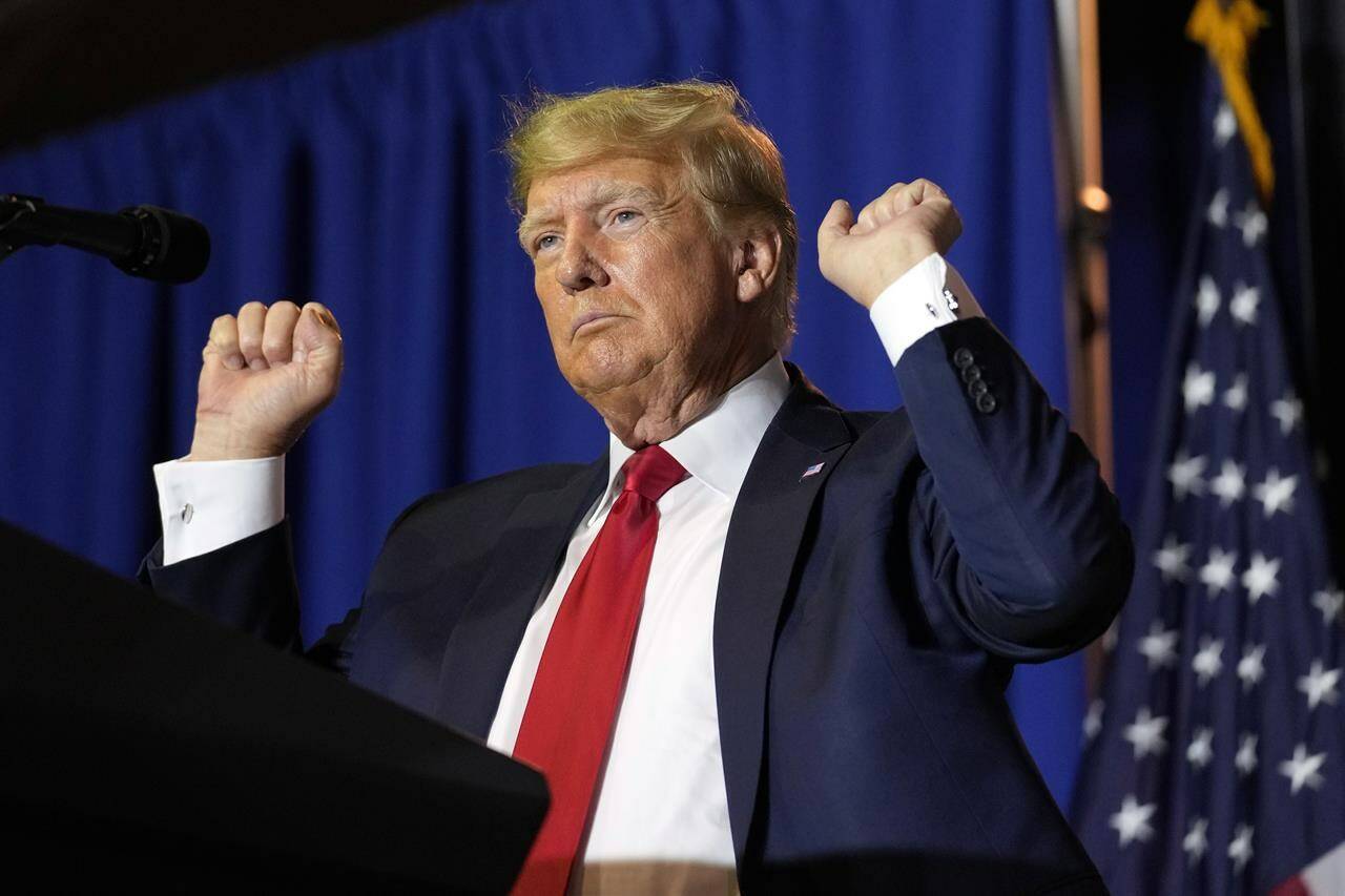 Former U.S. president Donald Trump speaks at a campaign event Thursday, April 27, 2023, in Manchester, N.H. Love him or hate him, Trump is about to make more must-see TV — this time on the heels of a damning sexual abuse verdict in a New York courtroom. THE CANADIAN PRESS/AP/Charles Krupa