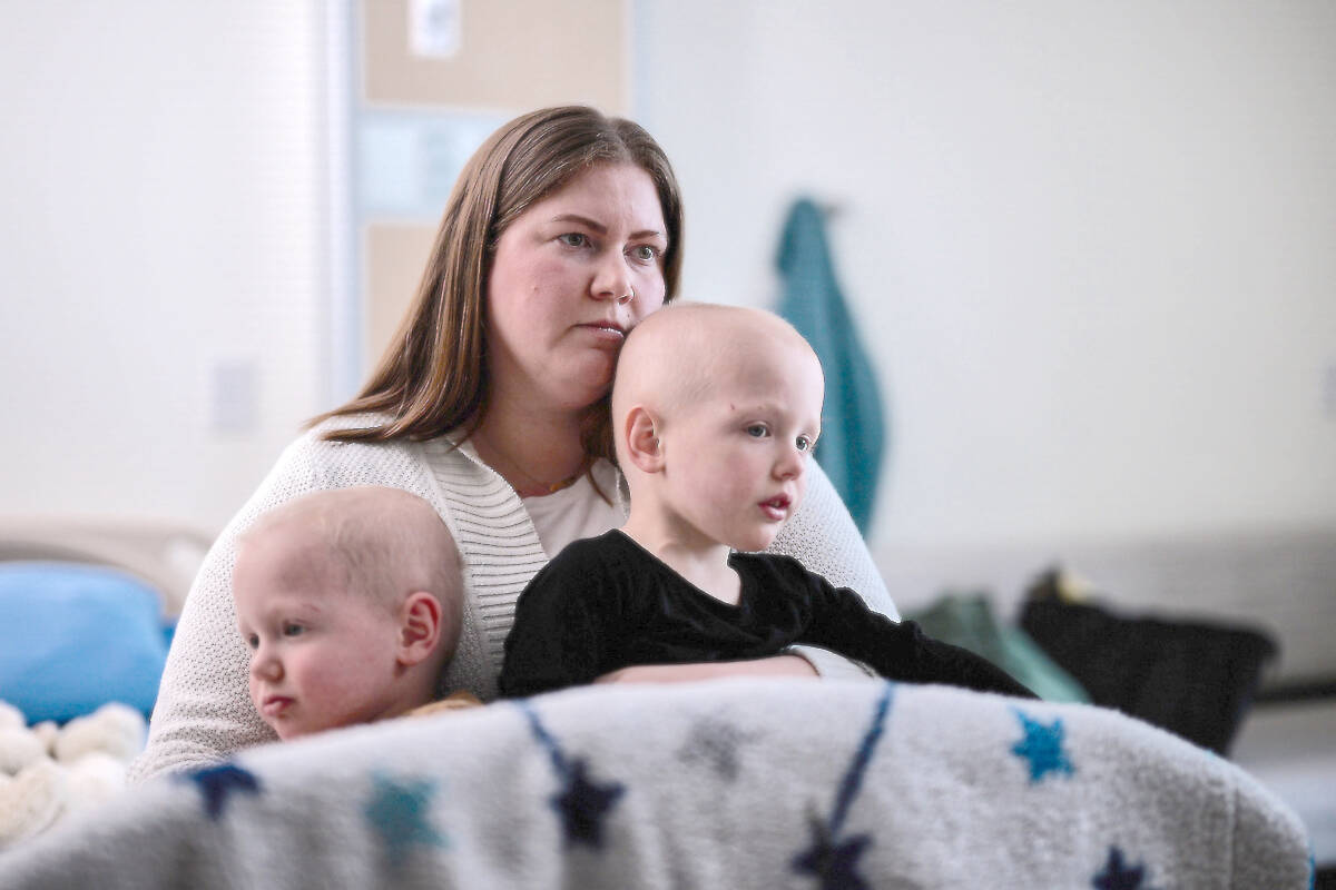 Langley’s Alisha Openshaw and twin boys Weston and Bennett, seen here during a recent visit to B.C. Children’s Hospital, are waging a ‘mighty’ battle with cancer. (Courtesy B.C. Children’s Hospital)