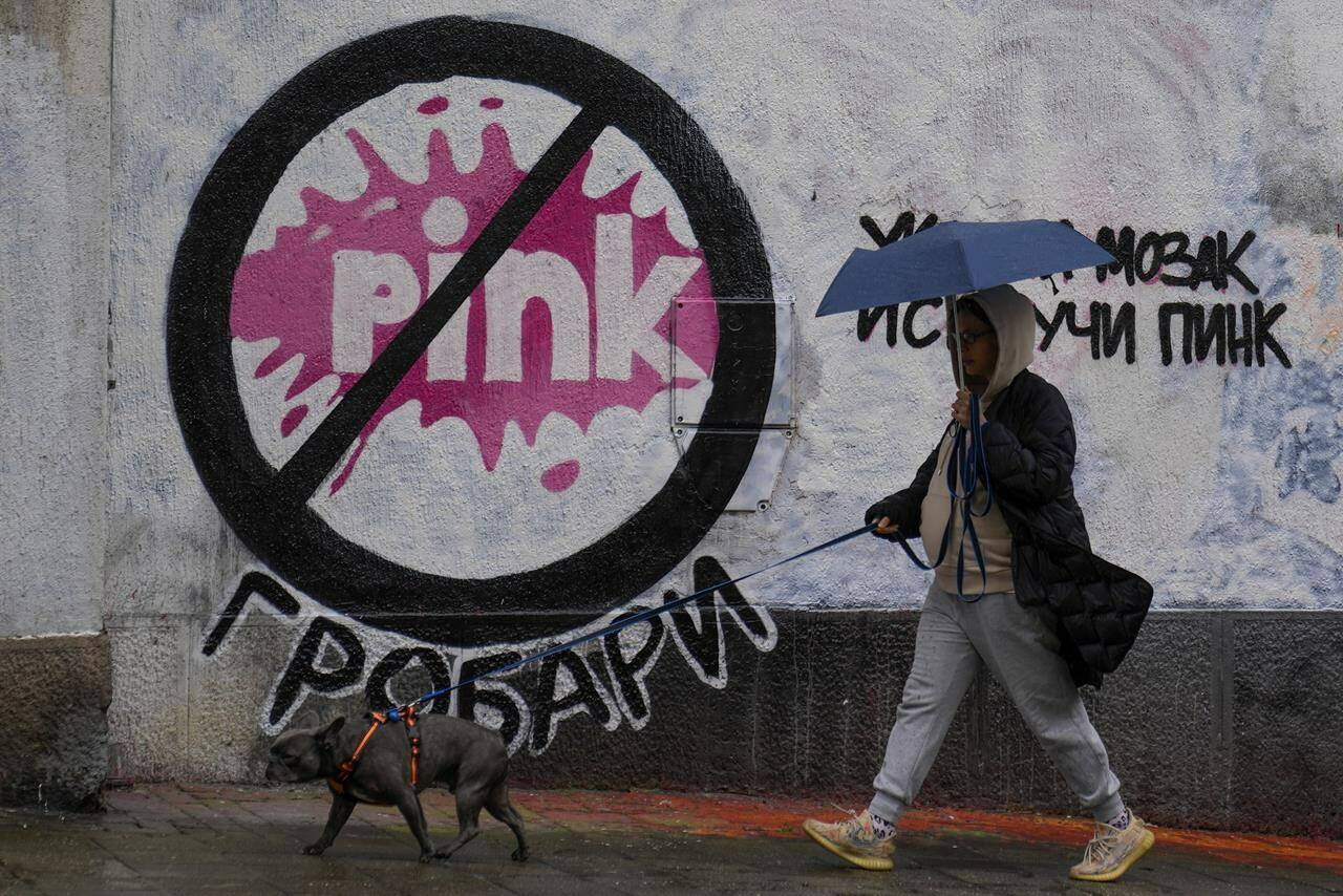A woman with a dog walks by a mural signed by Partizan club fans, reads: “Turn on your brain, switch off Pink,” referring to Pink TV’s overwhelming pro-government propaganda and violent content on reality shows, in Belgrade, Serbia, Friday, May 12, 2023. A drawing demanding a ban on the Pink television in Serbia has appeared on the wall where mural of convicted war criminal, former Bosnian Serb military chief Ratko Mladic was previously painted. Calls to ban Pink and another TV with similar content have grown since 17 died in two mass shootings last week. (AP Photo/Darko Vojinovic)