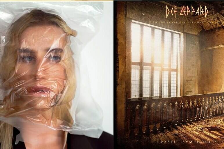 This combination of images shows cover art for “Drastic Symphonies” by Def Leppard (right) and “Gag Order” by Kesha. (RCA/Warner Records/UMe/Kemosabe-RCA via AP)