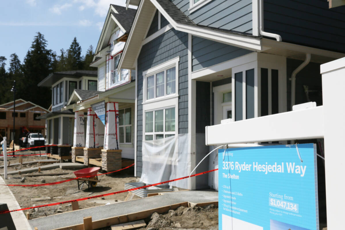 A row of single-family homes under construction in Colwood's Royal Bay development. The listing at 3376 Ryder Hesjedal Way starts at $1,047,134. (Katherine Engqvist/News Staff)