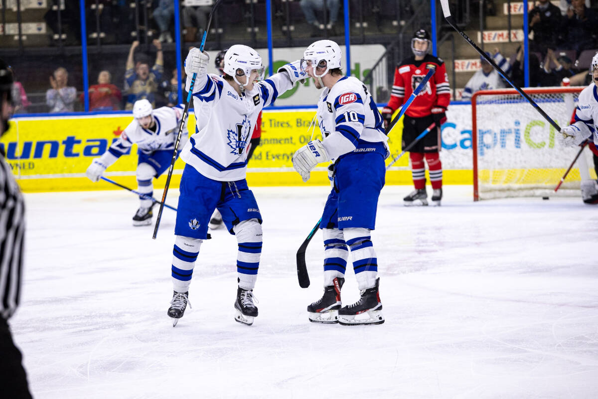 Mason Poolman, right, scored his first career BCHL playoff goal in Game No. 1 of the Fred Page Cup Finals on Friday, May 12, at the South Okanagan Events Centre. (Photo- Cherie Morgan)