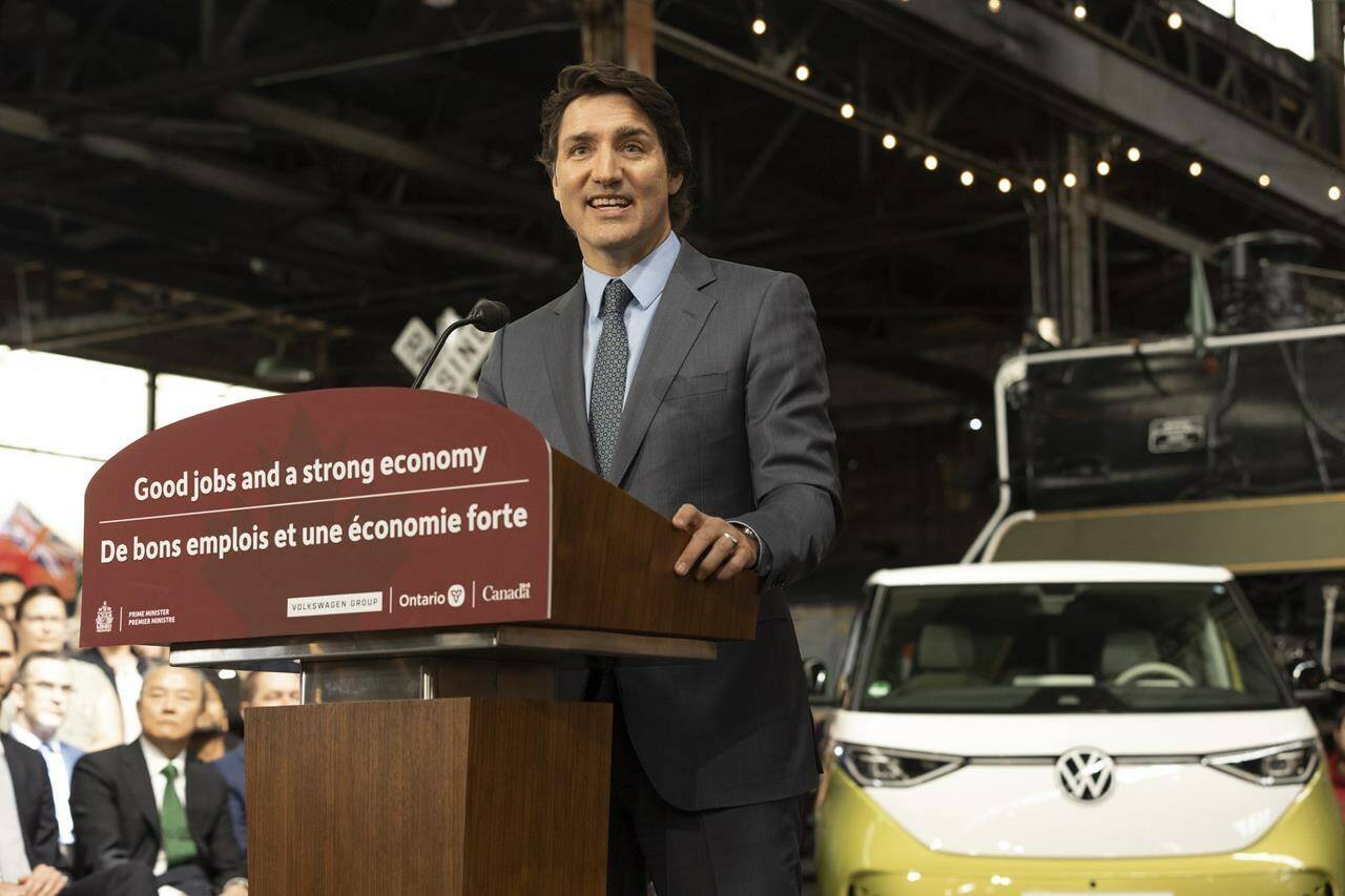 Prime Minister Justin Trudeau makes a Volkswagen electric battery plant announcement at the Elgin County Railway Museum in St. Thomas, Ont. Friday, April 21, 2023. THE CANADIAN PRESS/Tara Walton