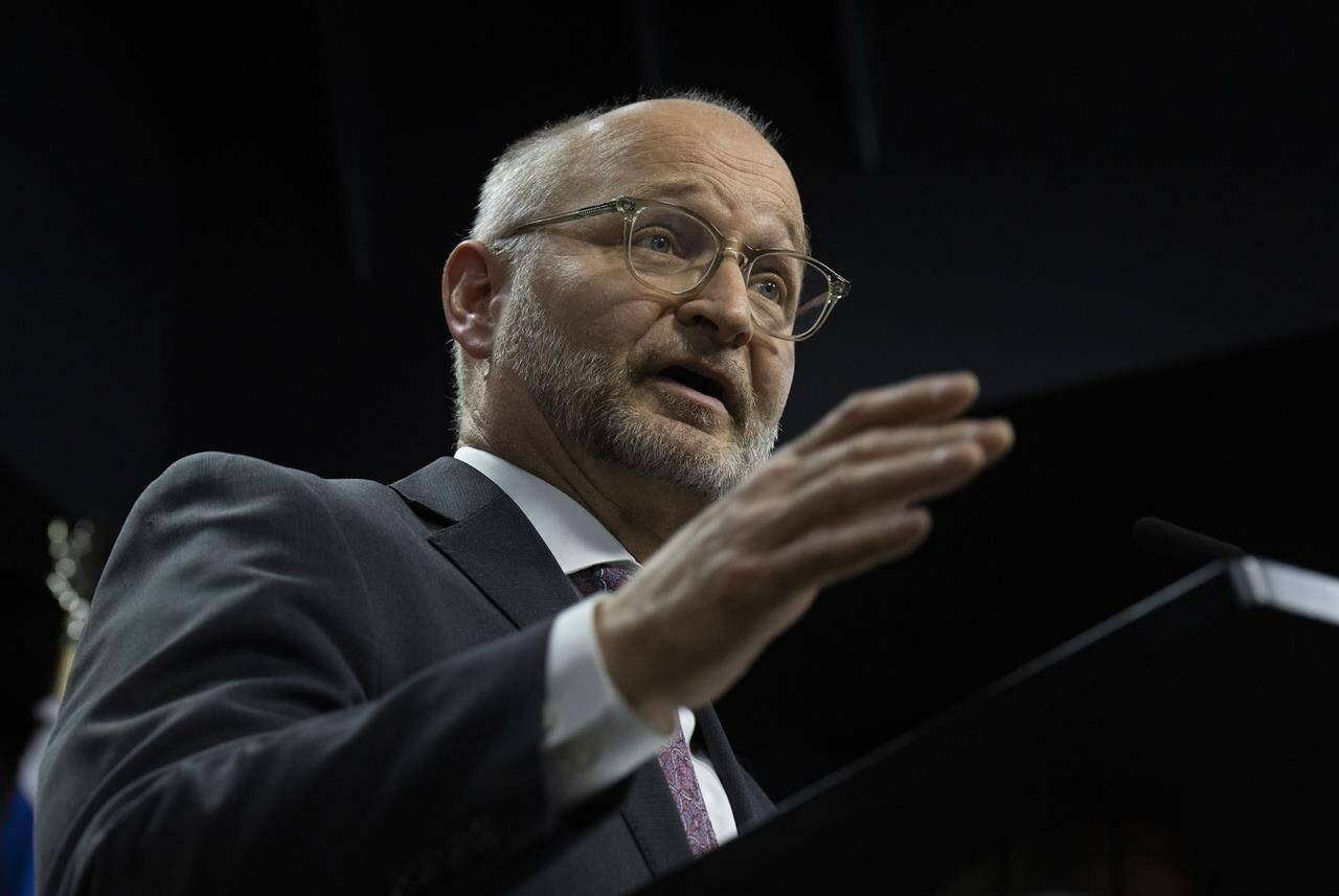 Minister of Justice and Attorney General of Canada David Lametti speaks during a news conference in Ottawa, Wednesday, April 26, 2023. Lametti and the federal government are expected to introduce bail reform laws to the House of Commons as early as tomorrow. THE CANADIAN PRESS/Adrian Wyld