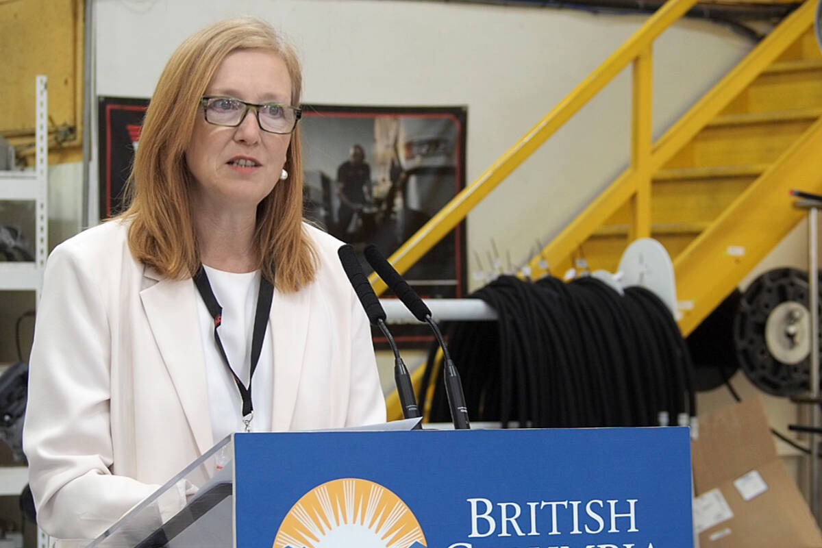 Brenda Bailey, B.C.’s minister of jobs, announced a new youth in manufacturing initiative at a press conference held at VMAC Global Technology Inc. in Nanaimo on Monday, May 15. (Chris Bush/News Bulletin)