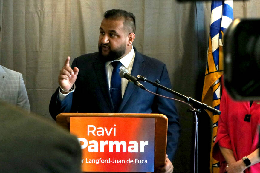 Ravi Parmar, here announcing his candidacy for the NDP on April 12 to fill the seat vacated by former premier John Horgan, will be part of a $700-dollar invitation-only breakfast Wednesday in Langford, which will feature Kahlon’s former boss, Ravi Kahlon, who is now serving as housing minister. (Black Press Media file photo)