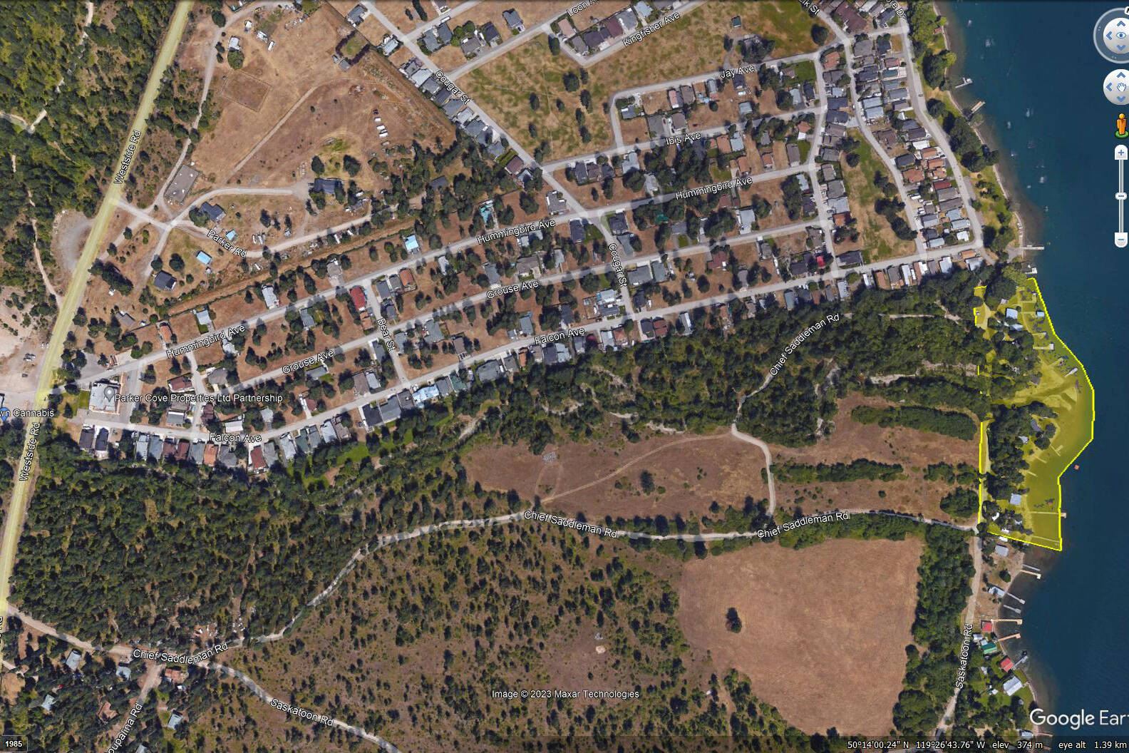 Properties on Raven Road along Saskatoon Road adjacent to the mouth of Whiteman’s Creek in Parker Cove on Okanagan Indian Band land are no longer under an evacuation order due to flooding as of 4 p.m. Tuesday, May 16, 2023. (Google Earth/OKIB)