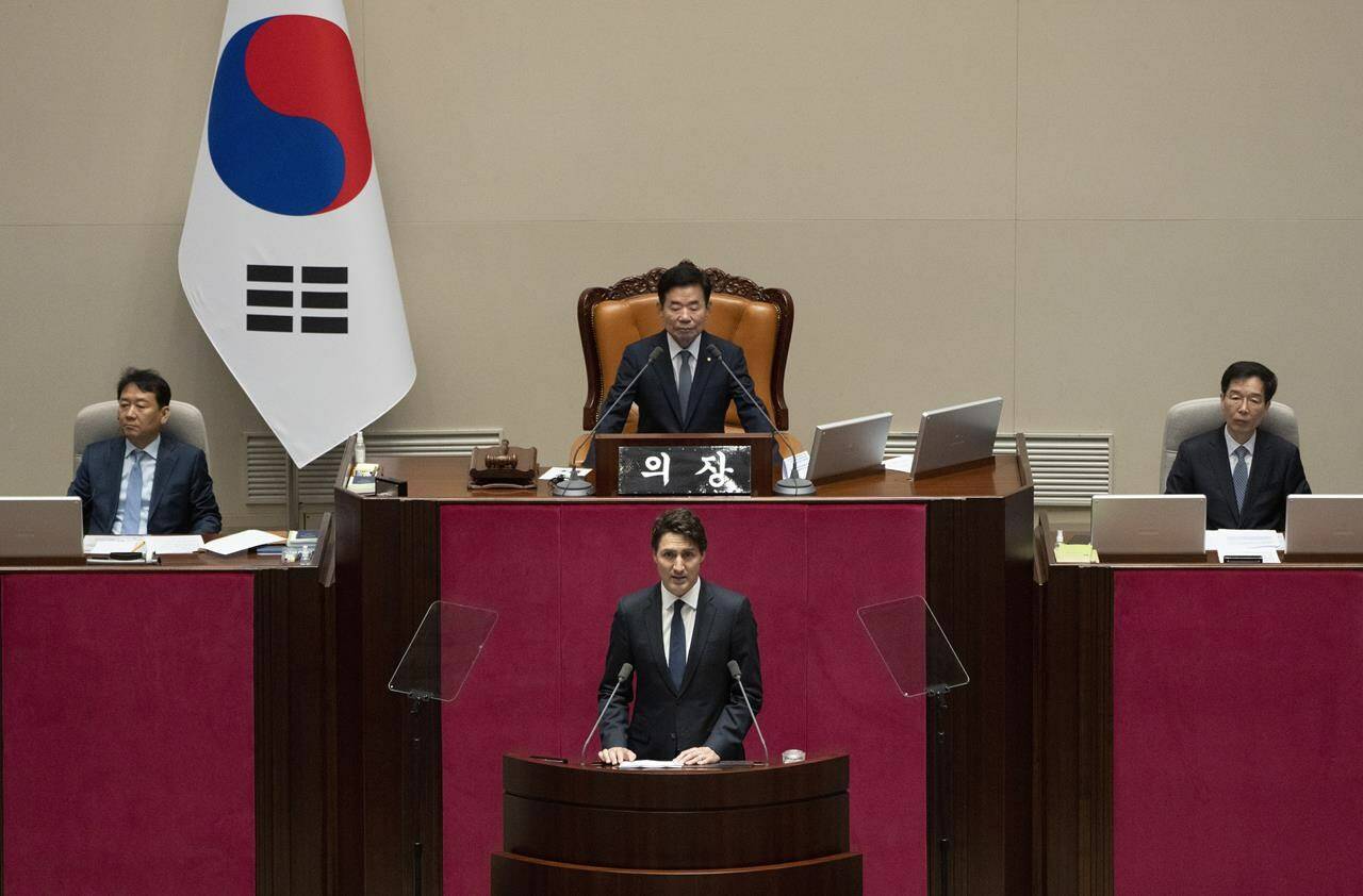 Speaker of the National Assembly Kim Jin-pyo looks on as Prime Minister Justin Trudeau speaks to the National Assembly in Seoul, South Korea, Wednesday, May 17, 2023. THE CANADIAN PRESS/Adrian Wyld