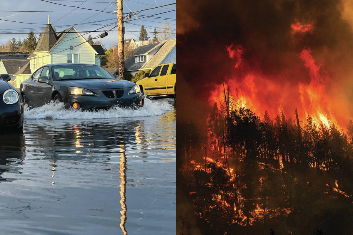A composite image of flames from the McKinney Fire and flooding in Aberdeen. (Flood photo: Matthew N. Wells | The Daily World; fire photo: AP Photo/Noah Berger)