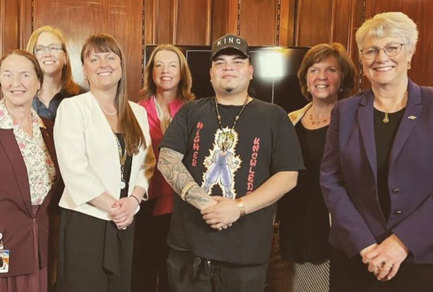 Bryant Doradea meets with MLAs at the legislature where he presented “The Foster Kid Survival Guide” to government leaders and staff. instagram @hkeezay