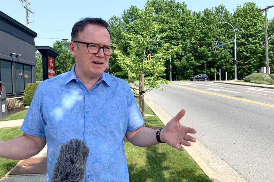 BC United leader Kevin Falcon spoke to the media in Abbotsford on May 17 on a range of topics, including decriminalization and the pressures it’s putting on individual municipalities. (Jessica Peters/Abbotsford News)