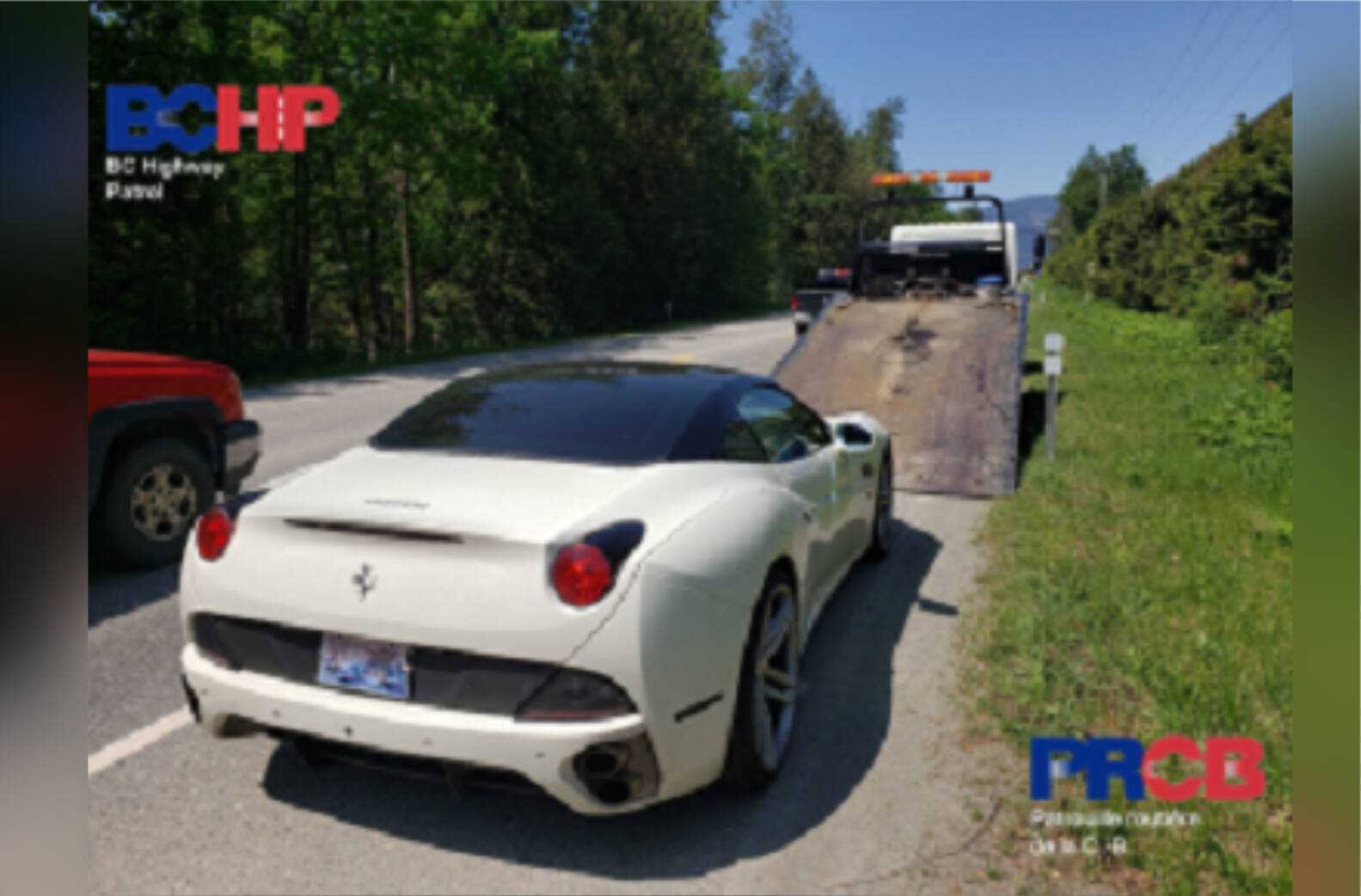A white Ferrari was impounded after police caught the driver doing 161 kilometres per hour in a 100 kpr zone with a dog sitting on his lap. (BC Highway Patrol photo)