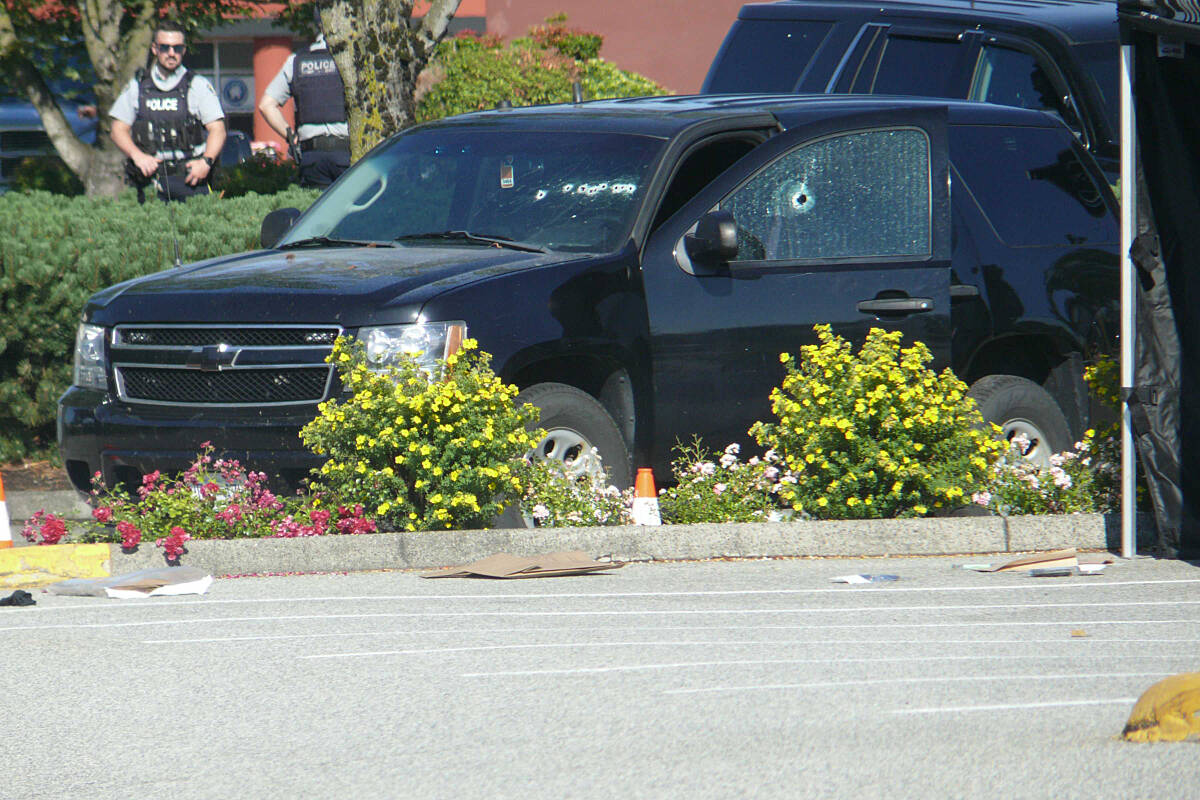 An SUV near 200th Street and the Langley Bypass was riddled with bullet holes in the shooting incident July 25, 2022. (Dan Ferguson/Langley Advance Times)