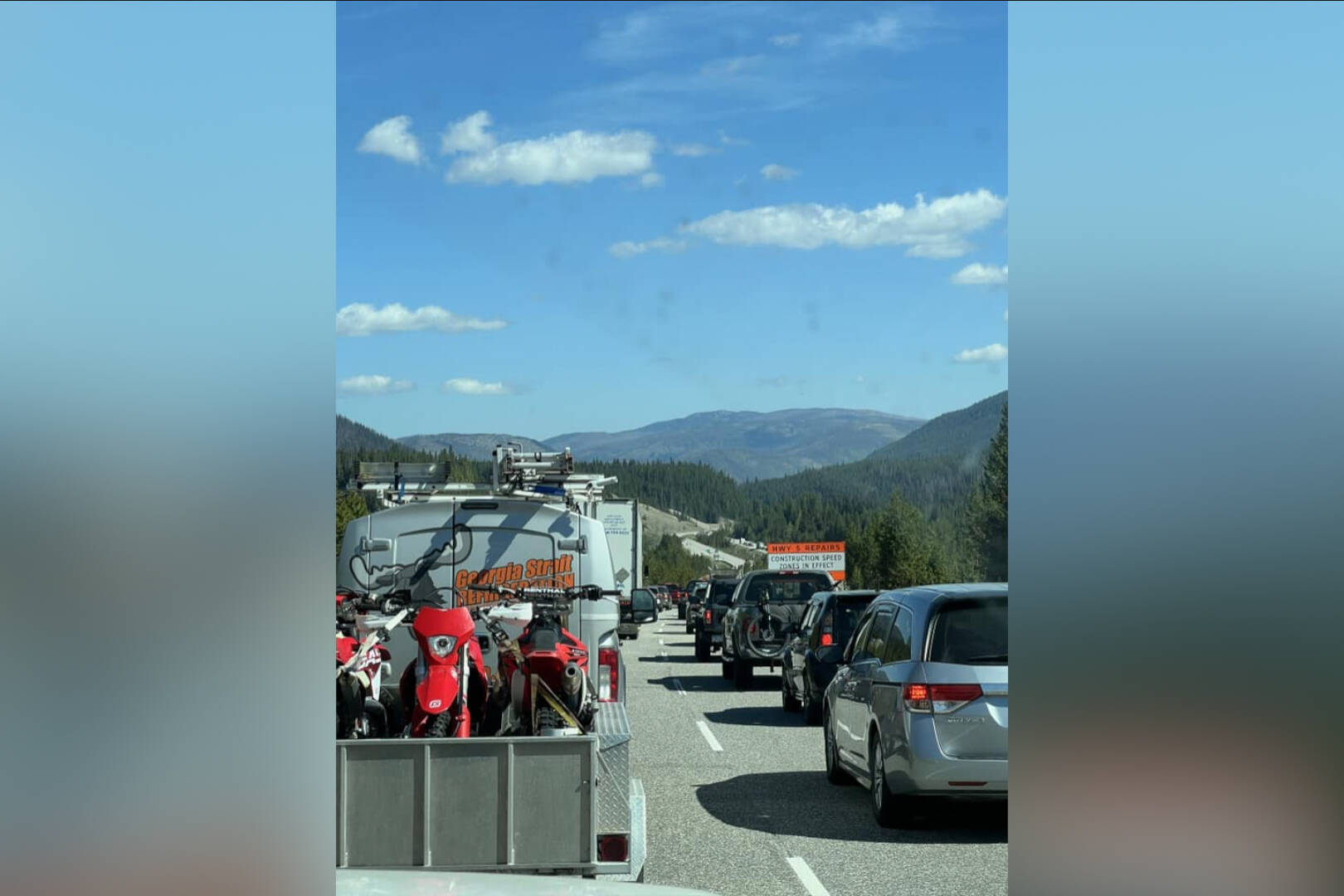 Traffic is backed up on the Coquihalla Highway northbound following a vehicle crash. (Mexi Jen/Facebook)