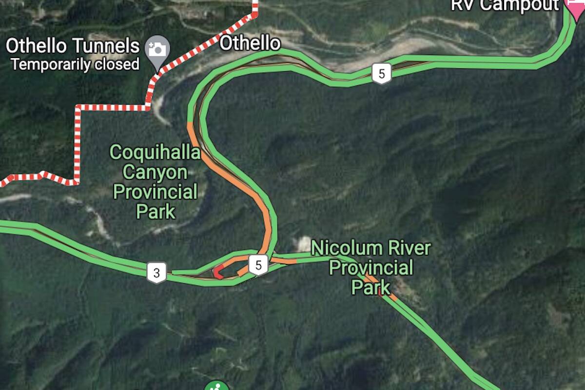 The Coquihalla’s southbound lanes are closed outside of Hope because of a vehicle incident. (Google Maps)