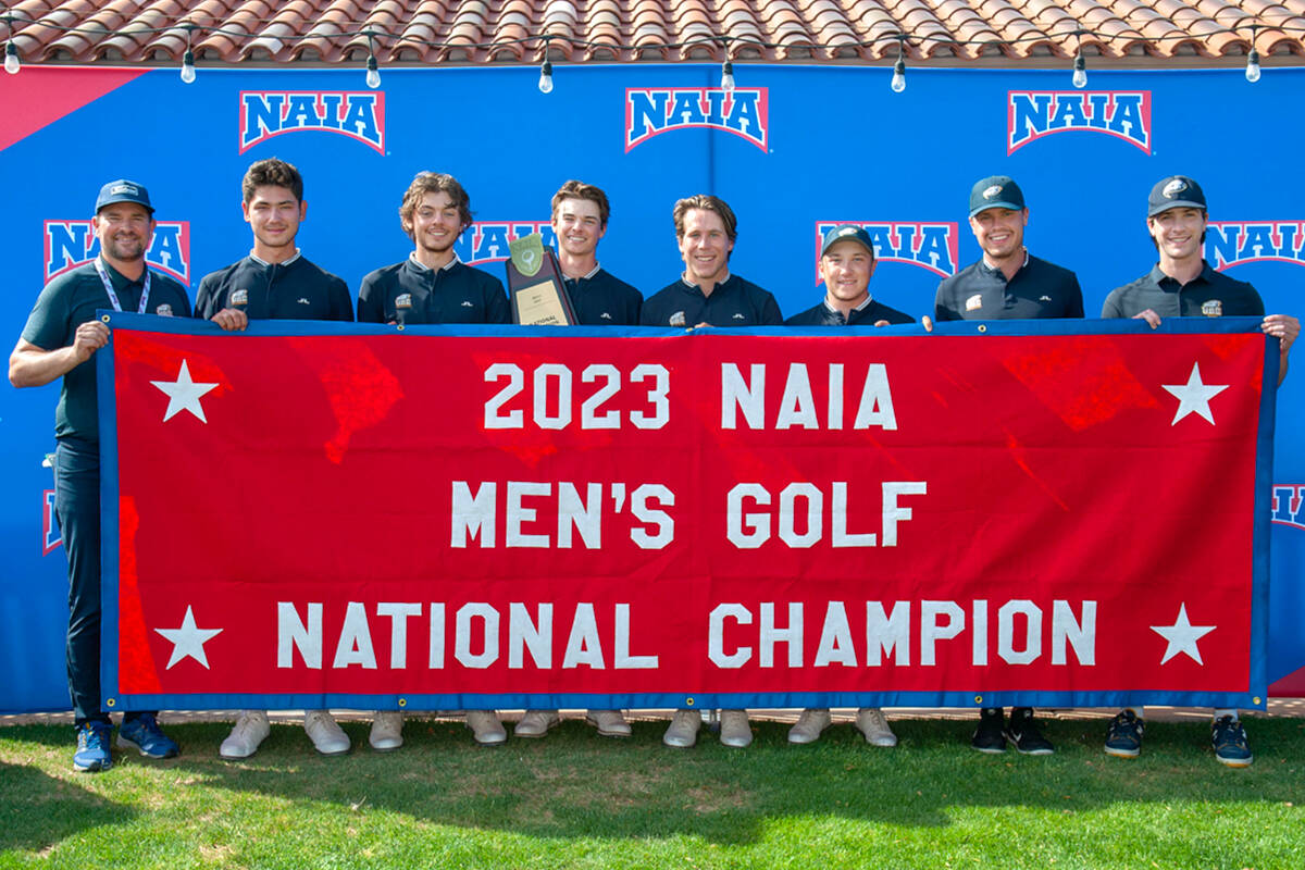 (L-R) Coach Chris MacDonald, Mackenzie Bickell, Hudson LaFayette, Aidan Schumer, Dylan MacDonald, and John Paul Kahlert helped the UBC Thunderbirds claim victory at the NAIA Men’s Golf Championships. (NAIA/Special to The News)
