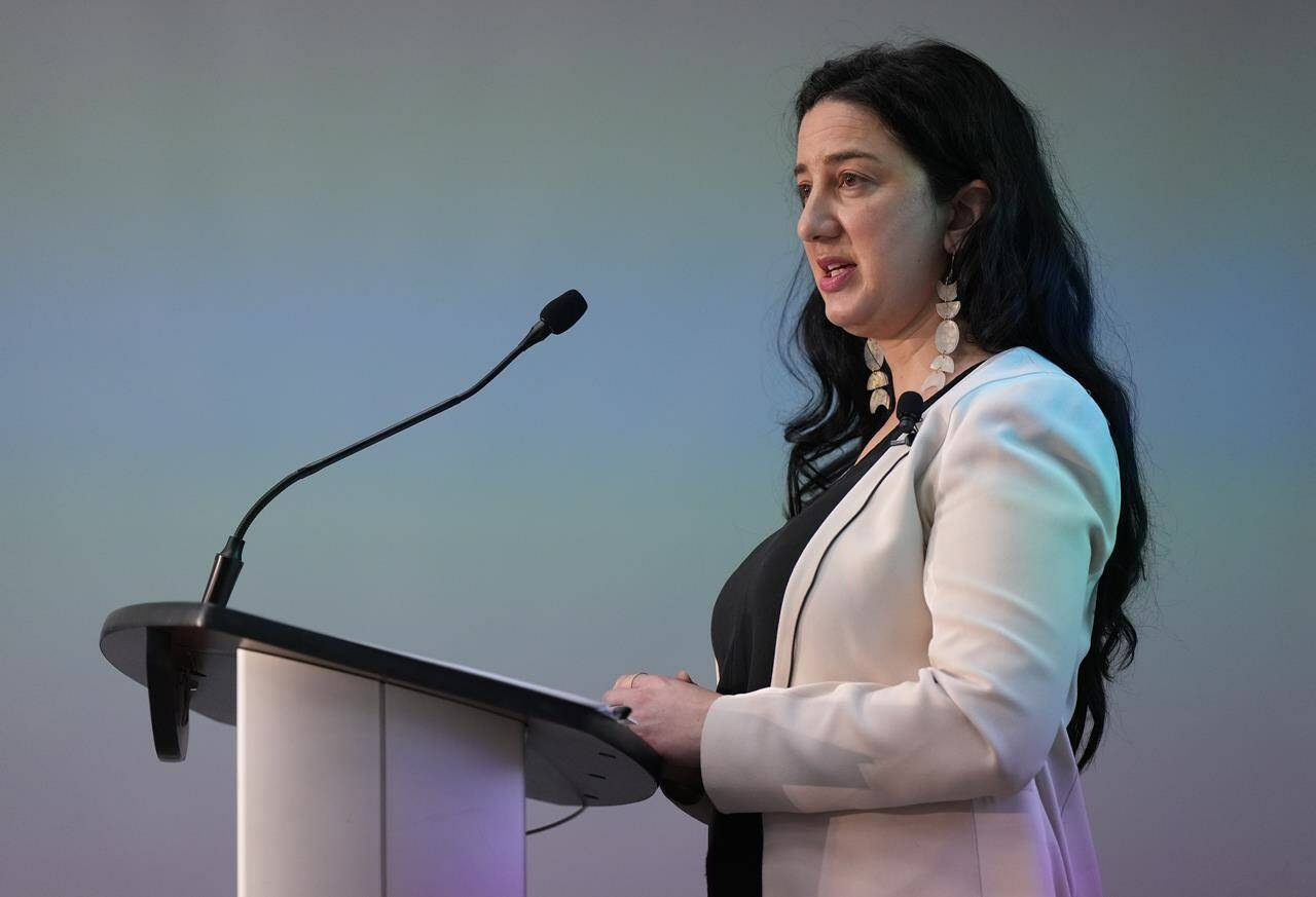 Kasari Govender, B.C. Human Rights commissioner, speaks after releasing the final report on her inquiry into hate during the COVID-19 pandemic, in Vancouver, on Tuesday, March 7, 2023. THE CANADIAN PRESS/Darryl Dyck