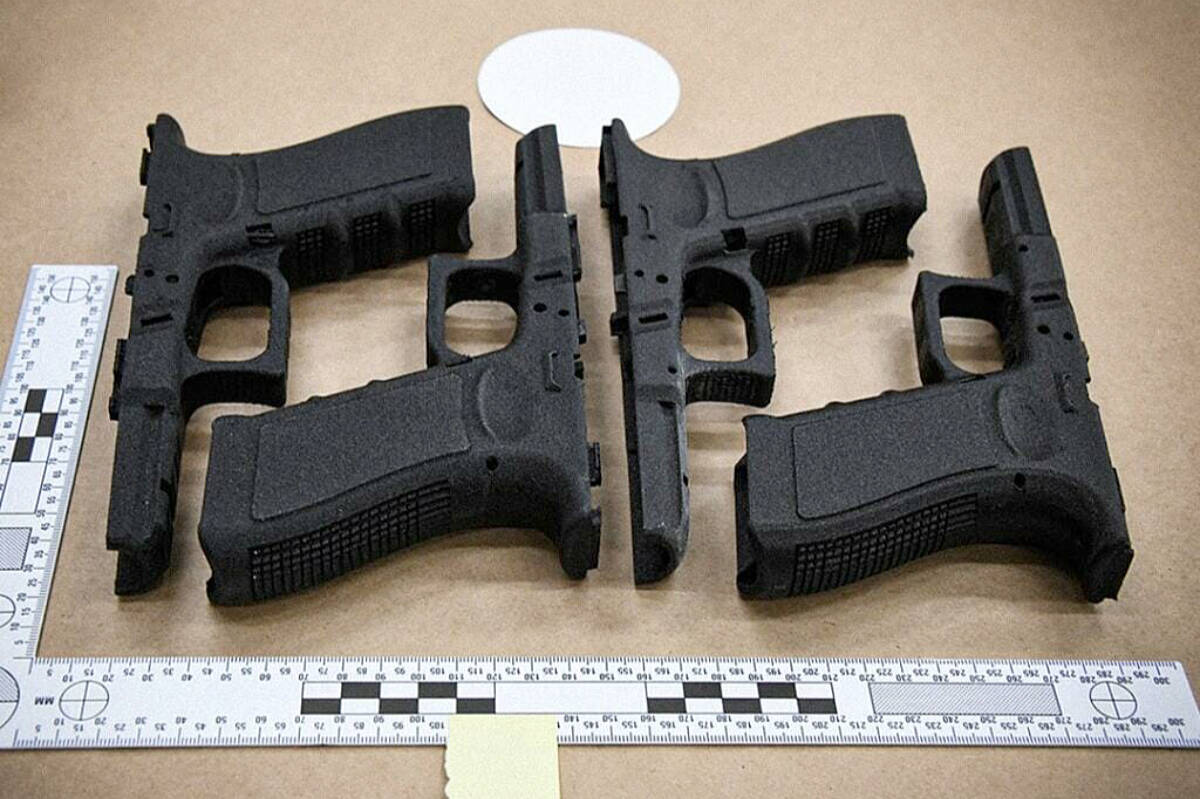 3D printed gun components seized along with drugs and other gun parts in CFSEU raids in 2021 in Abbotsford and Aldergrove. (CFSEU-BC/Special to the Langley Advance Times)