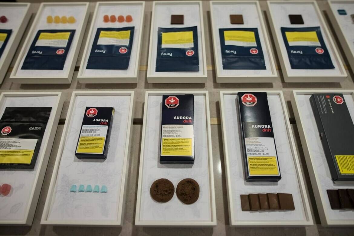 Canada’s competition watchdog says the federal government should consider easing restrictions on cannabis packaging and limits on how much of pot’s psychoactive component can be edible products. A variety of cannabis edibles are displayed at the Ontario Cannabis Store in Toronto on Friday, Jan. 3, 2020. THE CANADIAN PRESS/ Tijana Martin