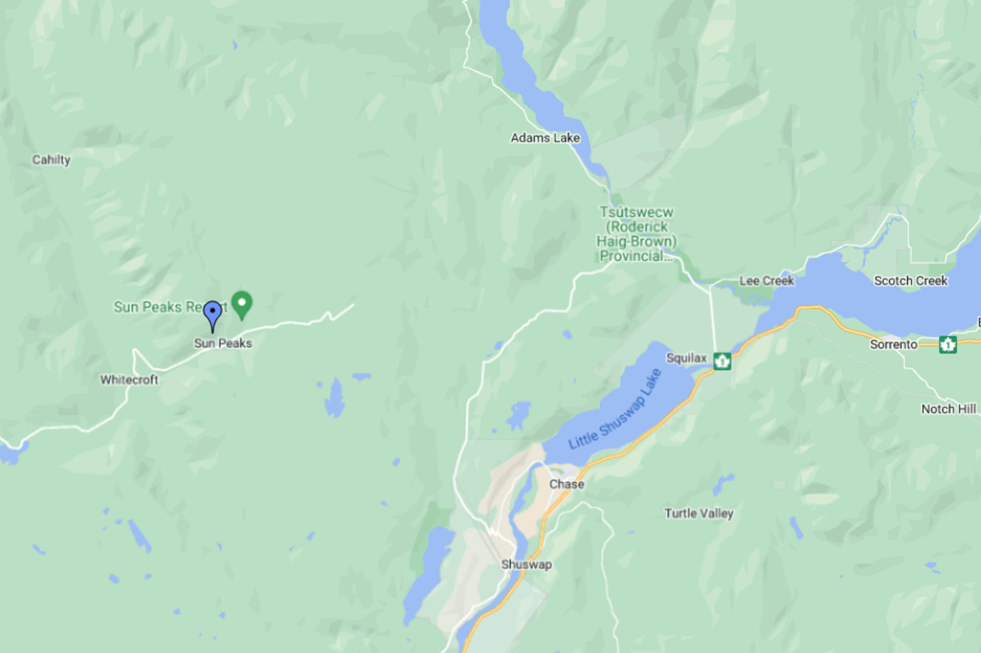 Maps guide drivers to impassable terrain on way to Sun Peaks Resort, Chase RCMP responds to 911 calls. (Google Maps image)