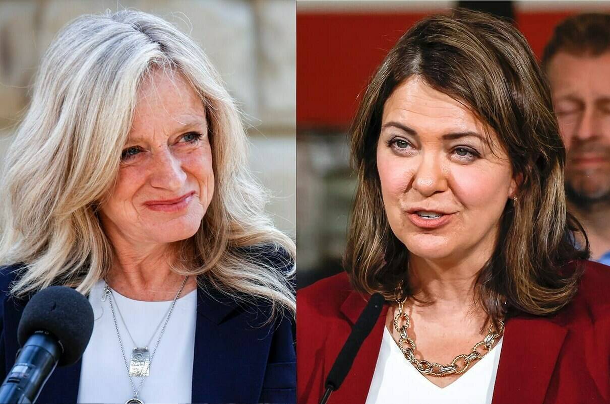 NDP Leader Rachel Notley and United Conservative Party Leader Danielle Smith are shown on the Alberta election campaign trail in this recent photo combination. THE CANADIAN PRESS/Jeff McIntosh