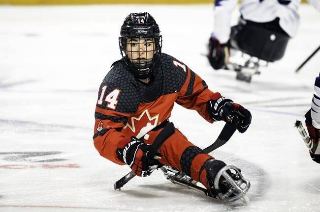 Raphaelle Tousignant, the first woman to play for Canada’s national para hockey team, in action against South Korea at the world championships in Moose Jaw, Sask., Monday, May 29, 2023. (Hockey Canada Images-Erica Perreaux)