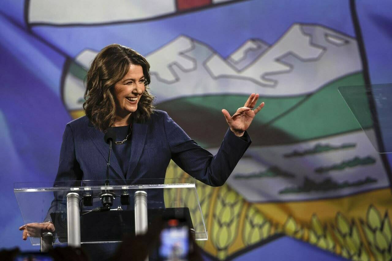 UCP Leader Danielle Smith makes her victory speech in Calgary on Monday May 29, 2023. Deputy Prime Minister Chrystia Freeland says the people of Alberta have voted and the Liberal government respects their choice. THE CANADIAN PRESS/Jeff McIntosh
