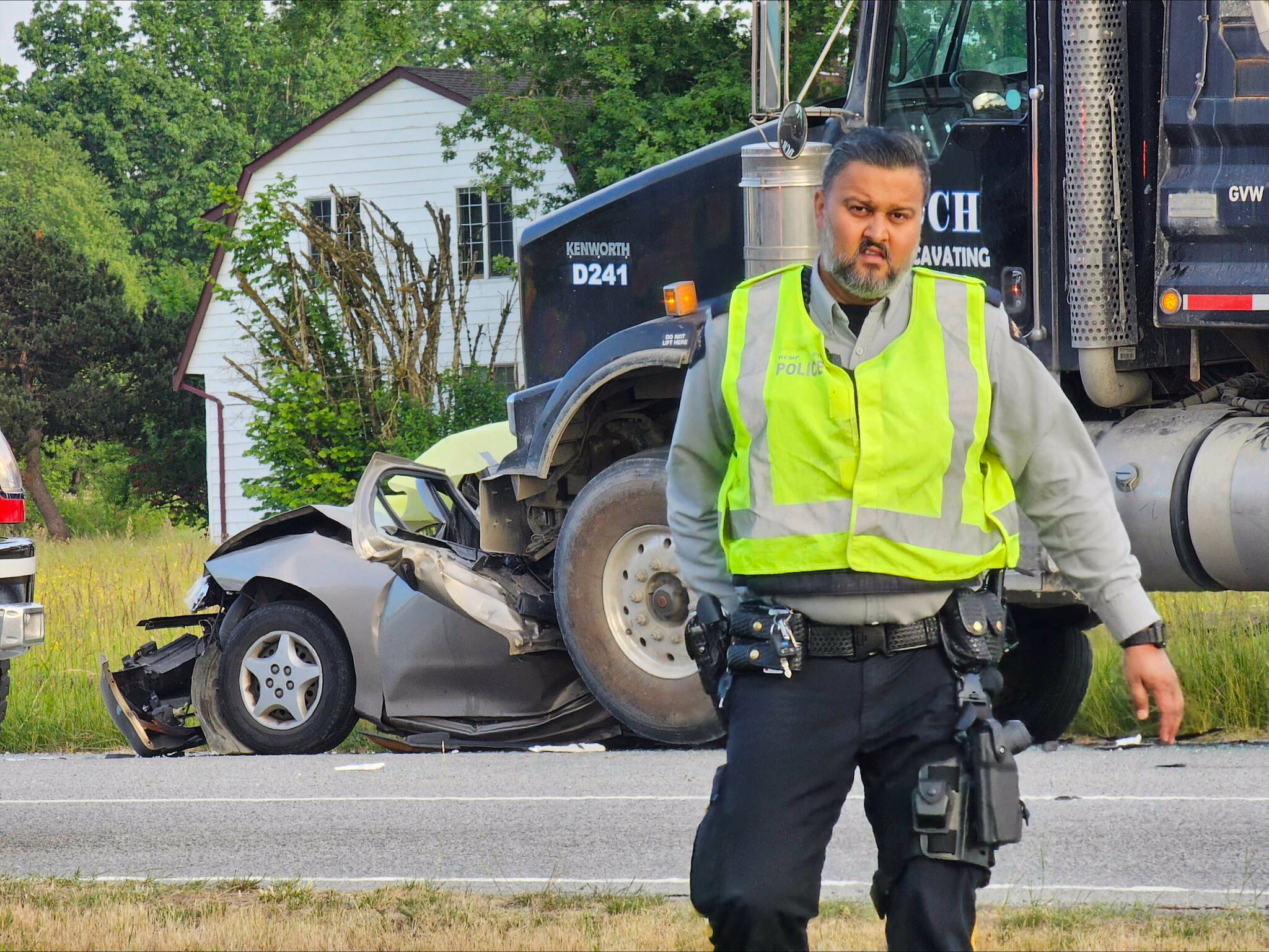 A three-vehicle crash involving two commercial vehicles and a car killed one person on the evening of Wednesday, May 31 on 16th Avenue in South Langley. (Dan Ferguson/Langley Advance Times)
