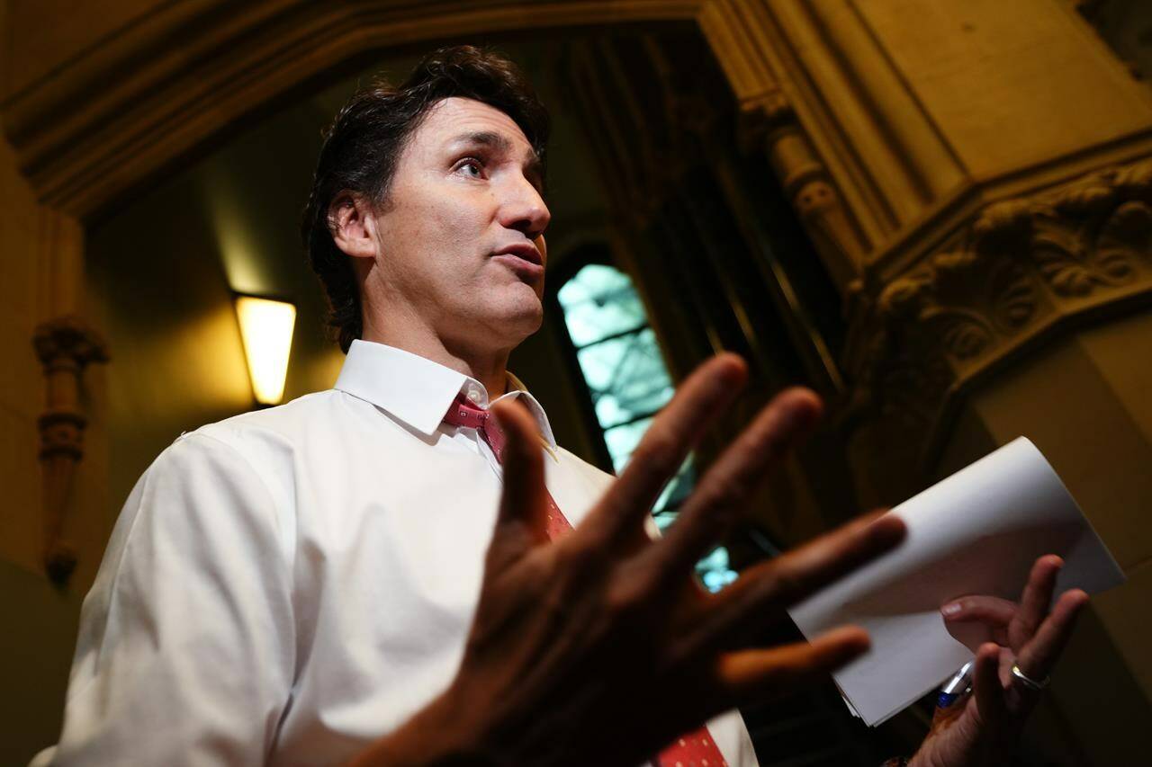 Prime Minister Justin Trudeau speaks to reporters before a meeting of the Liberal caucus in Ottawa, Wednesday, May 31, 2023. THE CANADIAN PRESS/Sean Kilpatrick