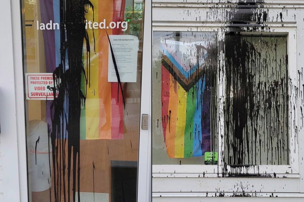 Police are investigating after someone threw black paint on the front entrance and a window of Ladner United Church in the early morning of Wednesday, May 31, 2023. Police are treating the incident as a hate crime as the locations are where Pride flags were hanging inside the building. (Ladner United Church/Facebook photos)