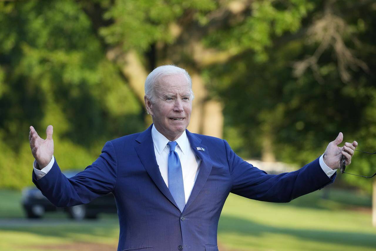 President Joe Biden says “I got sandbagged” in talking about falling earlier in the day at the U.S. Air Force Academy, as he walks from Marine One upon arrival on the South Lawn of the White House, Thursday, June 1, 2023, in Washington. (AP Photo/Alex Brandon)