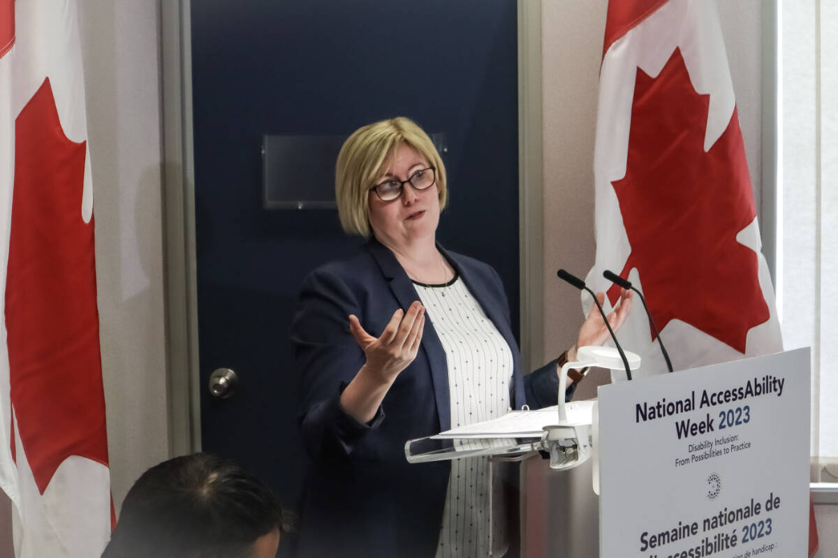 Carla Qualtrough, federal minister of employment, workforce development and disability inclusion, announces $16 million in funding for programs across the country that aim to support Canadians with disabilities looking to enter the workforce. The press conference was held in Nanaimo on Thursday, June 1. (Bailey Seymour/News Bulletin)