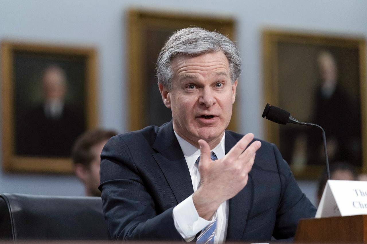 FILE - FBI Director Christopher Wray testifies before the House Appropriations subcommittee Commerce, Justice, Science, and Related Agencies budget hearing for Fiscal Year 2024, on Capitol Hill in Washington, April 27, 2023. The FBI has offered to show top lawmakers next week a bureau document that purports to relate to President Joe Biden and his family following weeks of demands by congressional Republicans and a contempt threat against Director Christopher Wray. (AP Photo/Jose Luis Magana, File)