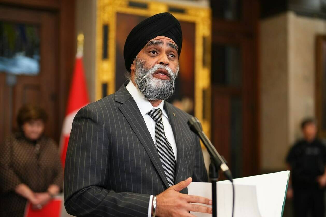 International Development Minister Harjit Sajjan addresses media on Parliament Hill in Ottawa on Monday, March 27, 2023. The minister responsible for the Pacific Economic Development Agency of Canada has announced the federal government is giving nearly $6 million for Indigenous communities in British Columbia to develop clean energy projects. THE CANADIAN PRESS/Sean Kilpatrick