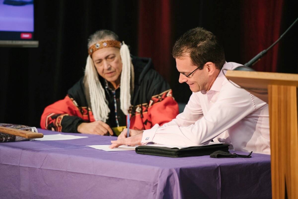 A signing ceremony was held on Saturday, Oct. 2, 2021 for Tsawwassen First Nation members to witness Chief Ken Baird and Vancouver Fraser Port Authority president and CEO Robin Silvester signed a historic relationship agreement. (Port of Vancouver/Twitter photo)