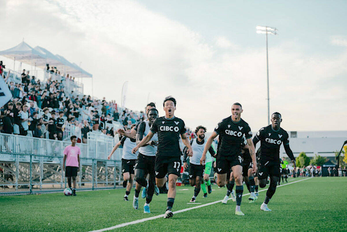 Vancouver FC celebrates their first goal in their game against Victoria on Friday, June 2, at Willoughby Stadium in Langley. (Beau Chevalier/Vancouver FC/Special to Langley Advance Times)