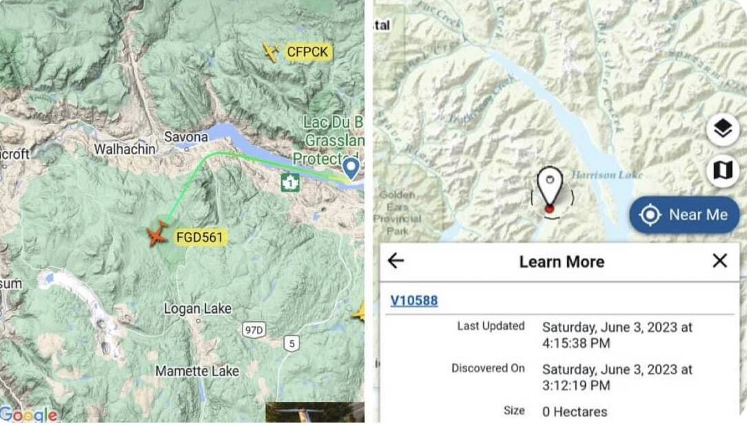 Air tankers are heading to Harrison Lake to help fight a wildfire that is burning out of control east of the Chehalis River on Saturday afternoon. (Screenshot/Kamscan)
