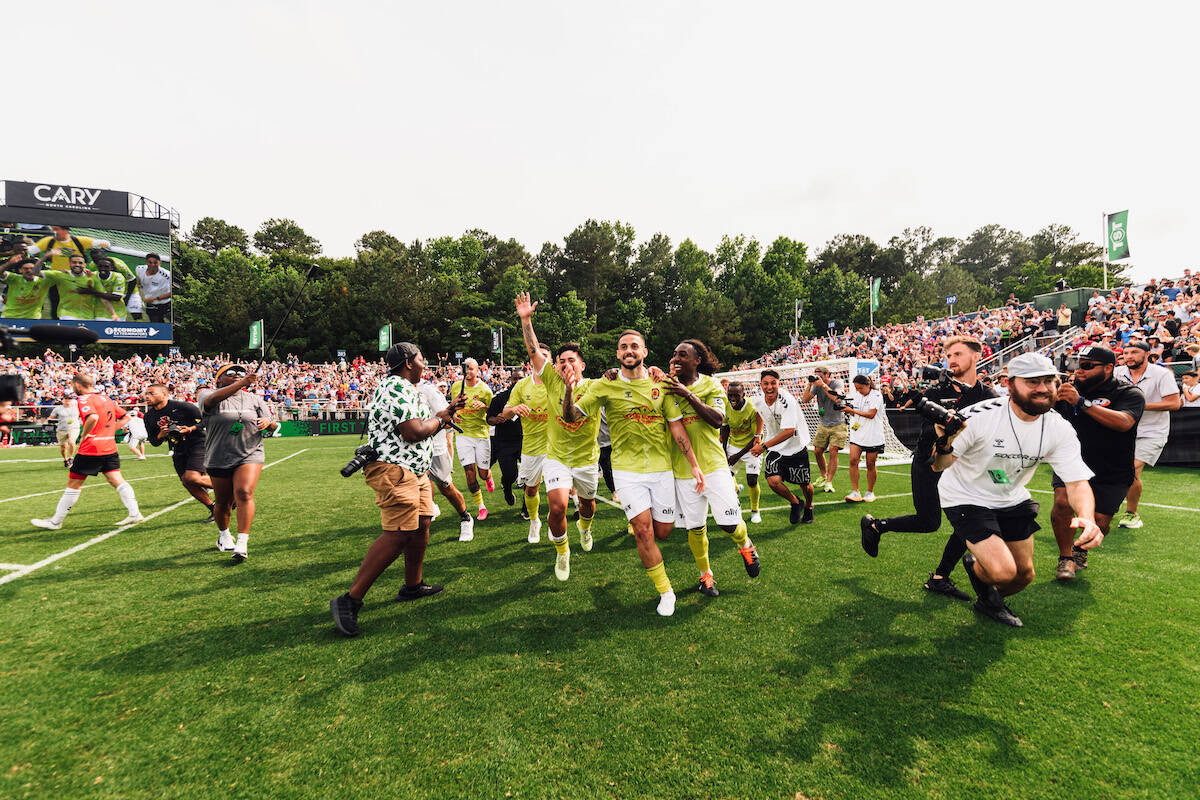 Players from Newtown Pride FC celebrate on Sunday June 4, 2023 after defeating Canada’s SLC FC 2-0 in the final of The Soccer Tournament in Cary, North Carolina, a seven-versus-seven soccer tournament with a winner take-all-prize of US$1 million. (Creative X TST photo)
