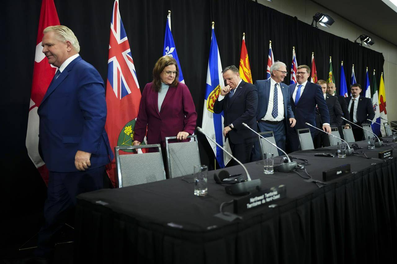 Ontario Premier Doug Ford, left to right, Manitoba Premier Heather Stefanson, Quebec Premier Francois Legault, New Brunswick Premier Blaine Higgs, Saskatchewan Premier Scott Moe, Newfoundland Premier Andrew Furey, Yukon Premier Ranj Pillai and Nunavut Premier P.J. Akeaagok, leave following a press conference of Canada’s premiers discussing health care, in Ottawa on Tuesday, Feb. 7, 2023. The Canadian Medical Association and 14 other organizations representing health-workers are urging provincial and territorial premiers to make sure health-care remains at the top of their agenda at their next meeting in July. THE CANADIAN PRESS/Sean Kilpatrick