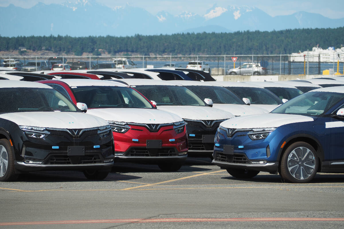 Hundreds of electric cars, built in Vietnam and newly certified for sale in Canada, arrived at the B.C. Vehicle Processing Centre in Nanaimo on May 16 and will available to Canadian buyers this month. (Chris Bush/News Bulletin)