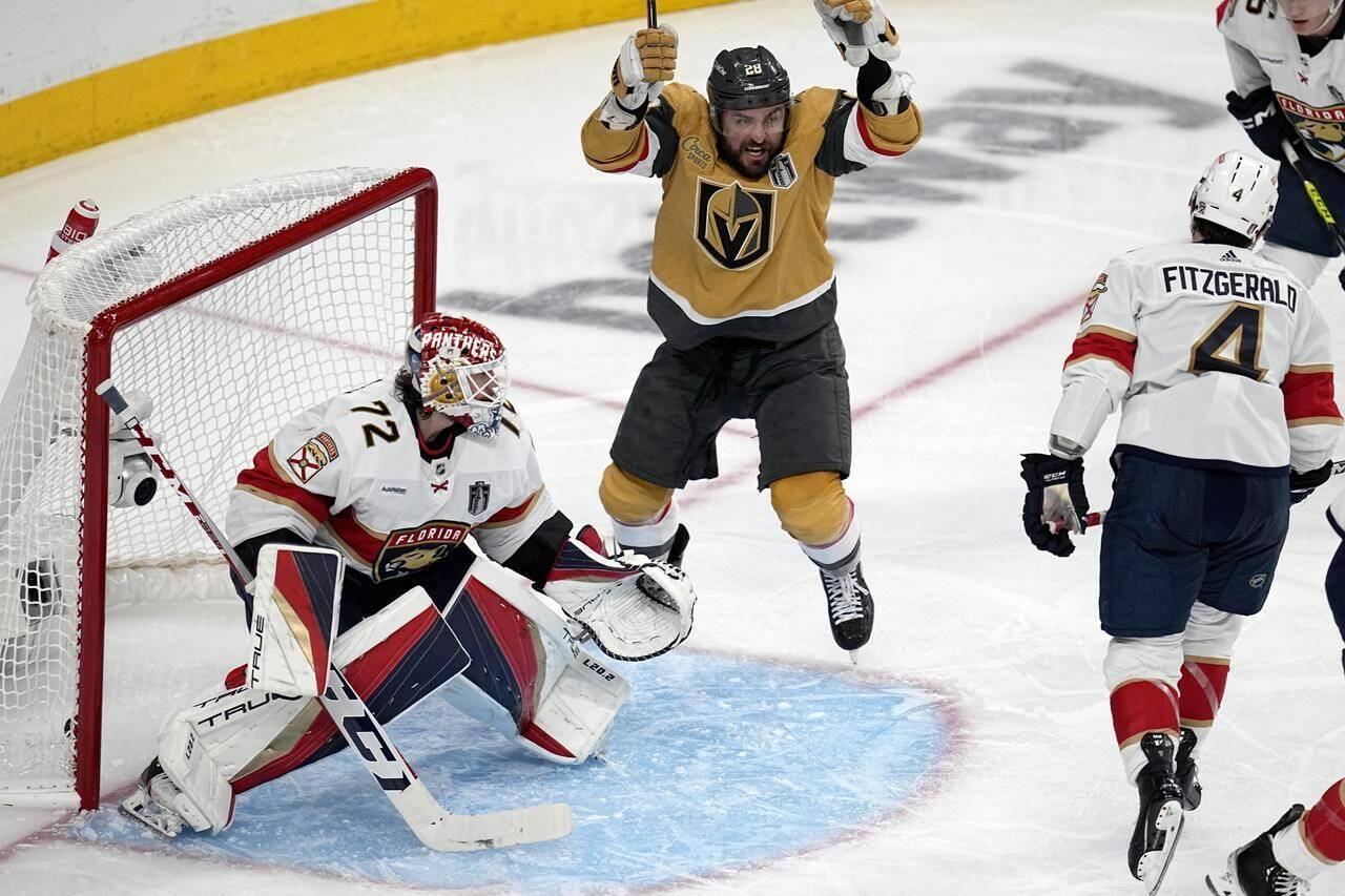 Vegas Golden Knights left wing William Carrier (28) celebrates a after a goal against the Florida Panthers during the second period of Game 2 of the NHL hockey Stanley Cup Finals, Monday, June 5, 2023, in Las Vegas. (AP Photo/Abbie Parr)