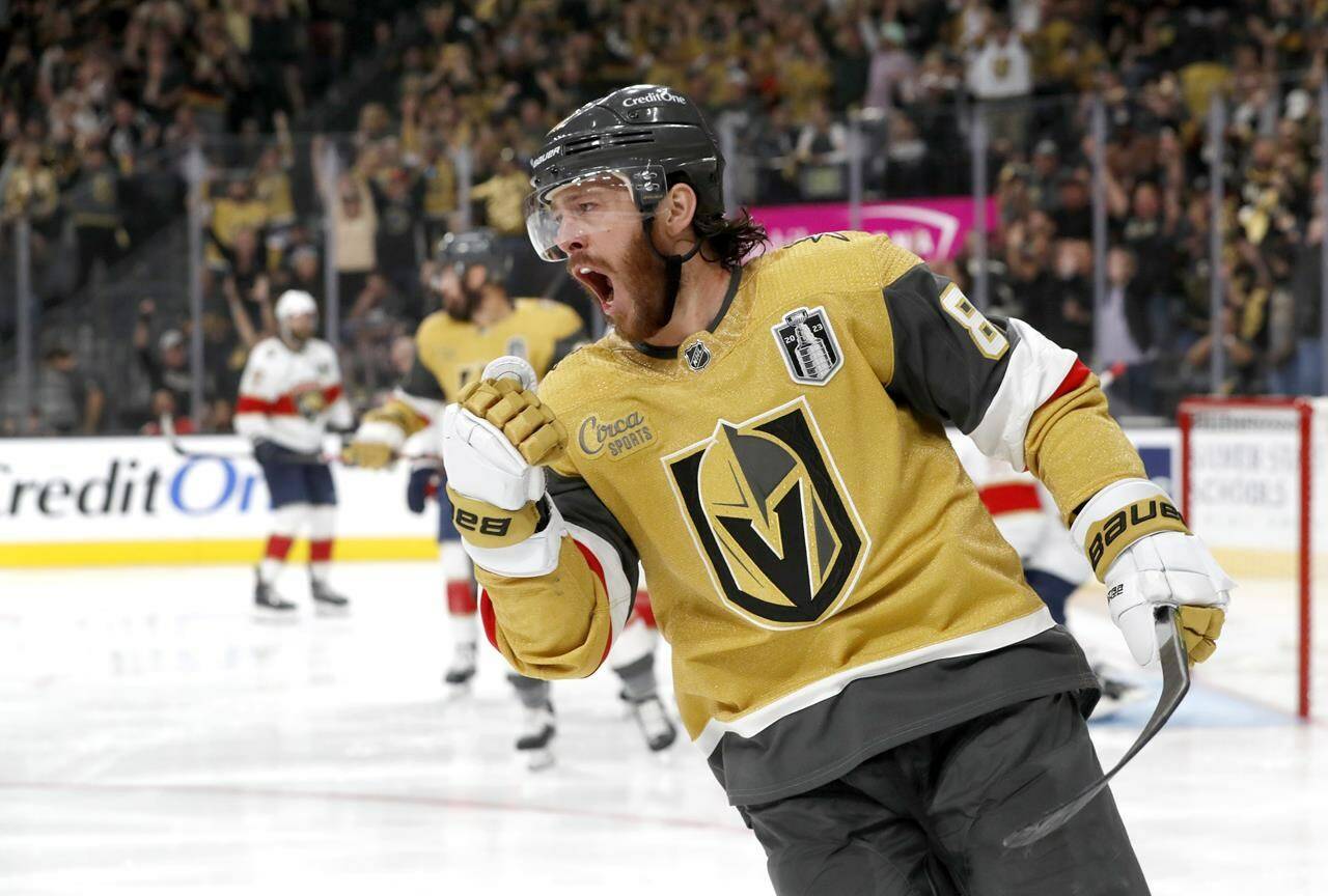 Vegas Golden Knights right wing Jonathan Marchessault (81) celebrates after scoring against the Florida Panthers during the third period of Game 2 of the NHL hockey Stanley Cup Finals, Monday, June 5, 2023, in Las Vegas. (Steve Marcus/Las Vegas Sun via AP)