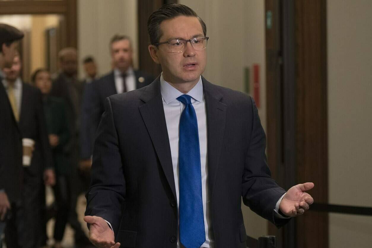 Conservative leader Pierre Poilievre speaks with reporters before the Standing Committee on Procedure and House Affairs on Parliament Hill, Tuesday, June 6, 2023 in Ottawa. THE CANADIAN PRESS/Adrian Wyld