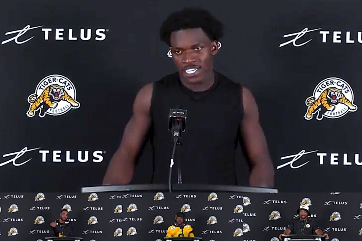 Defensive lineman Jonathan Kongbo speaks to Hamilton Tiger-Cats reporters in a video posted to ticats.ca on Tuesday, June 6, 2023.