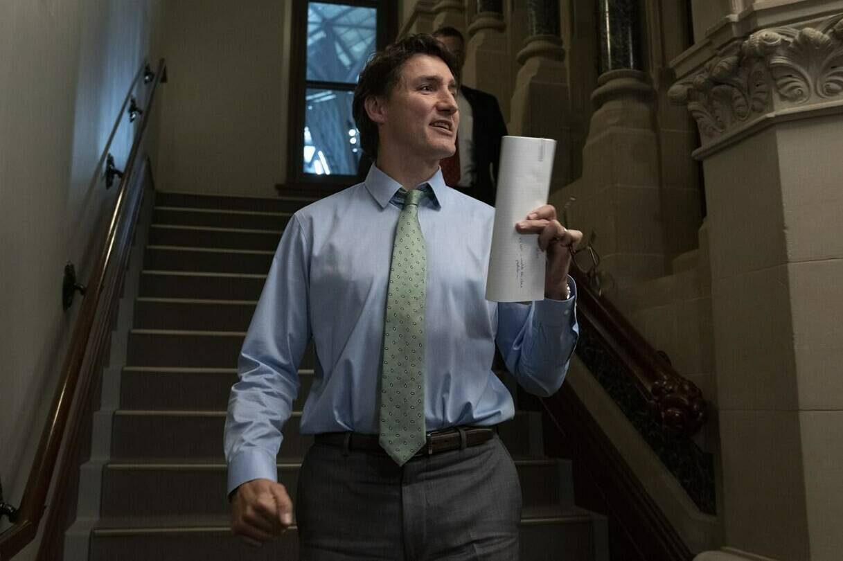 Prime Minister Justin Trudeau speaks briefly with reporters as he makes his way to a cabinet meeting, Wednesday, June 7, 2023 in Ottawa. Prime Minister Justin Trudeau is showing no interest in compromising with Meta and Google over their online news bill that would make tech giants pay for journalism created by others that helps those companies generate revenue. THE CANADIAN PRESS/Adrian Wyld