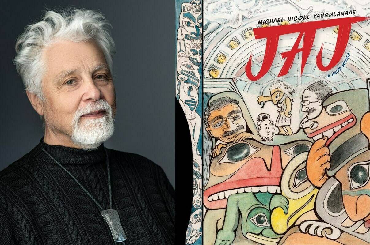 Author of “JAJ: A Haida Manga” Michael Nicoll Yahgulanaas is shown along with the cover of the book in this combination handout image. (Karolina Turek, Douglas & McIntyre photo)