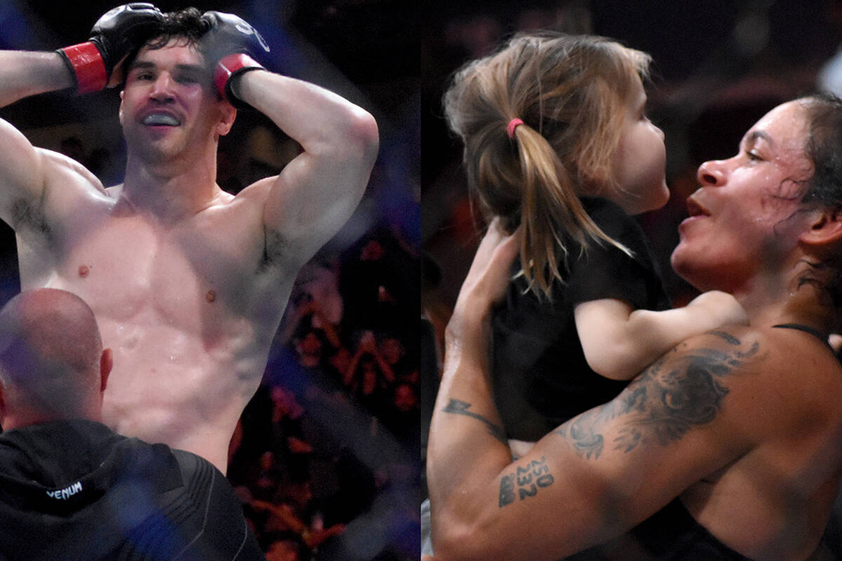 (left) Mike Malott celebrates with his coach, while Amanda Nunes embraces daughter Raegan Ann Nunes following their respective wins at UFC 289 in Vancouver on Saturday (June 10). (Ben Lypka/Abbotsford News)