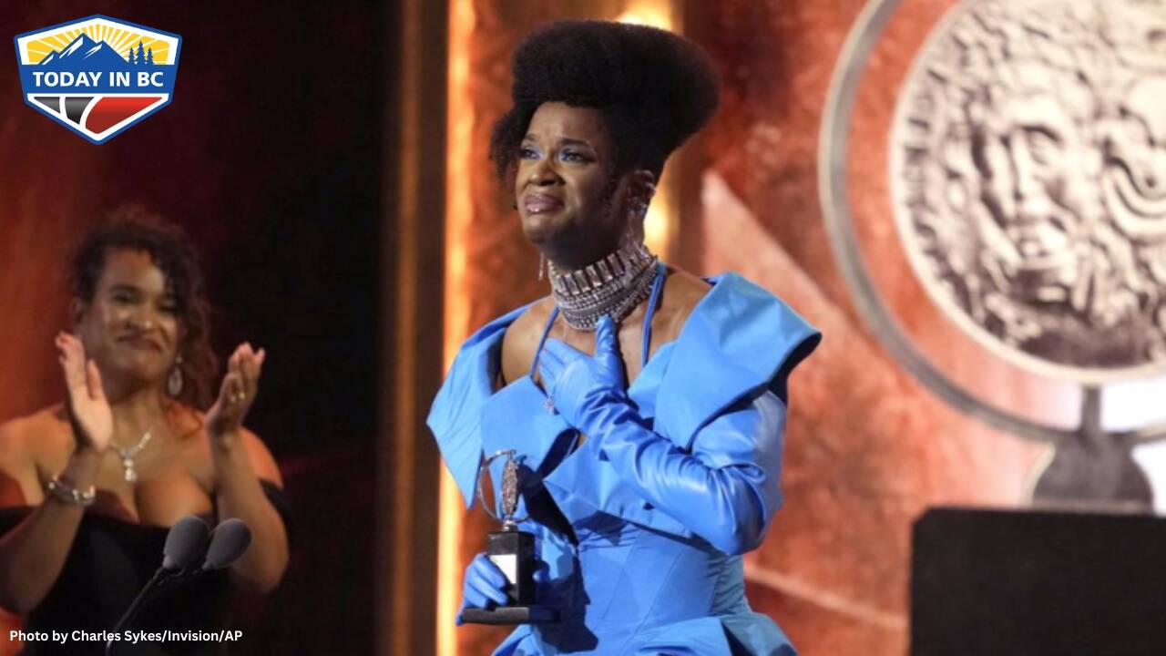 J. Harrison Ghee accepts the award for best performance by an actor in a leading role in a musical for "Some Like It Hot" at the 76th annual Tony Awards on Sunday, June 11, 2023, at the United Palace theater in New York. (Photo by Charles Sykes/Invision/AP)